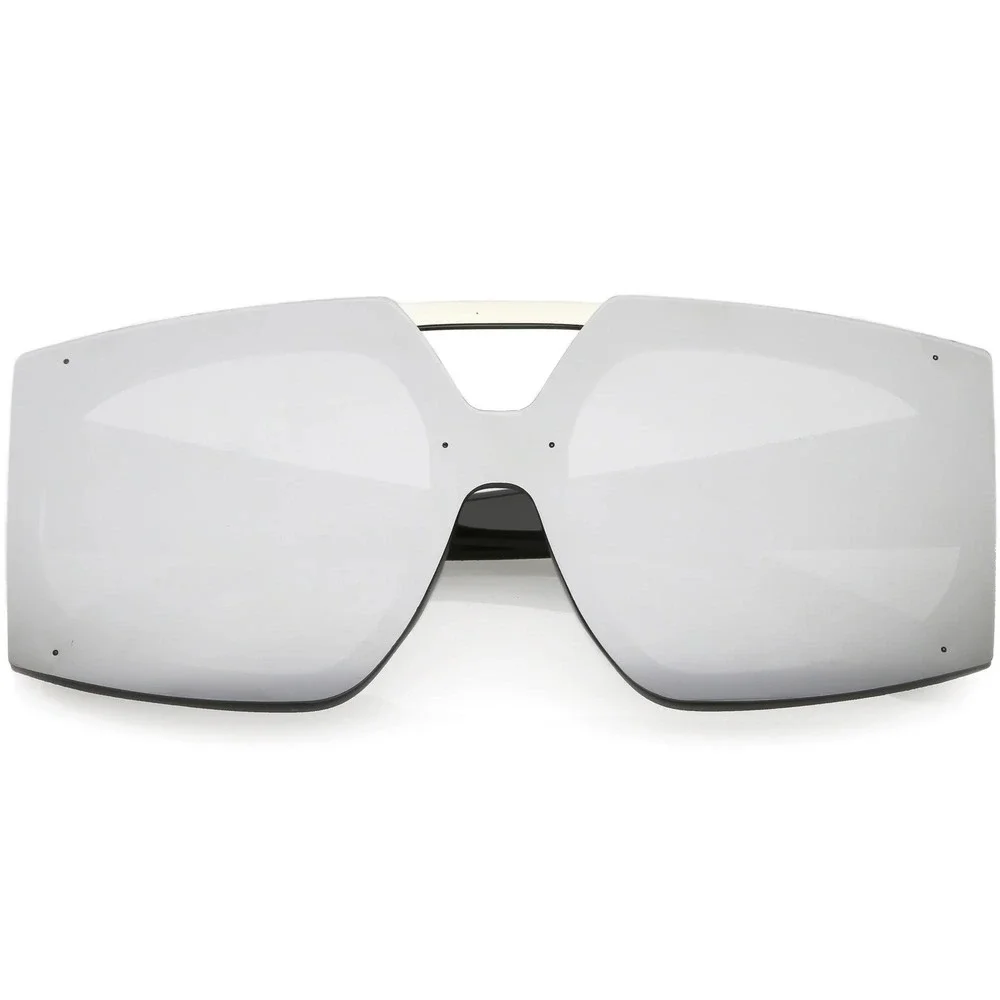 Oversized Shield Sunglasses Silver Mirror Lens Fashion‎ UV400 Protection Trendy